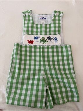 Green Gingham Smocked Shortall with Sea Creature Embroidery